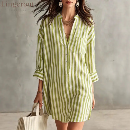 V-Neck Vertical Stripe Roll Sleeve Mini Shirt Dress