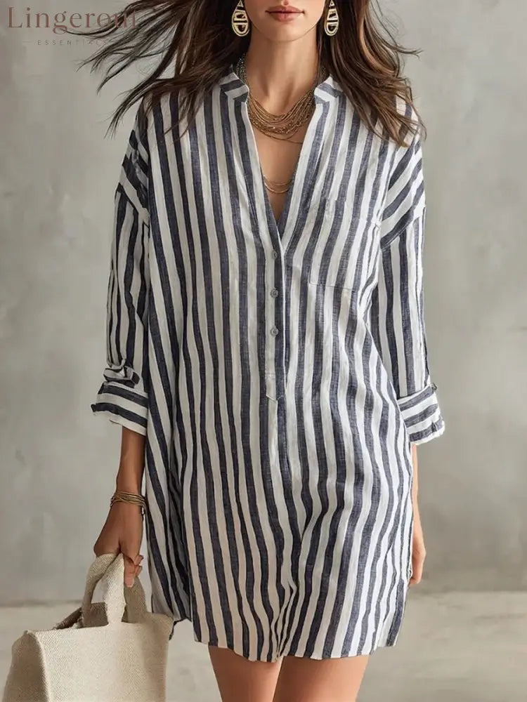 V-Neck Vertical Stripe Roll Sleeve Mini Shirt Dress - Black / S