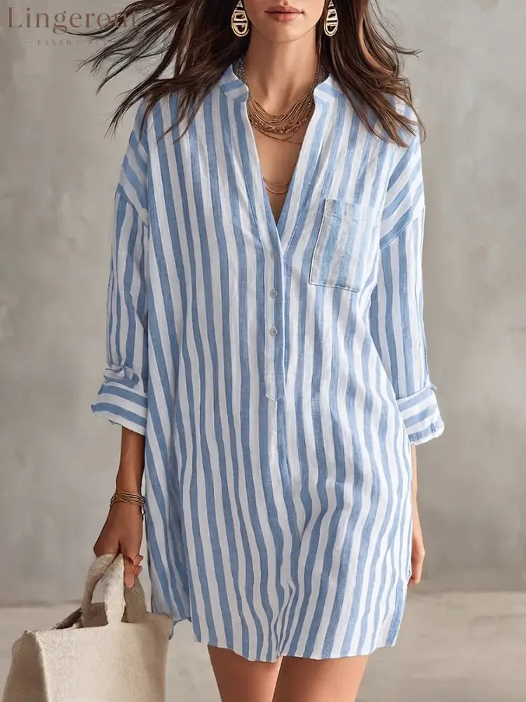 V-Neck Vertical Stripe Roll Sleeve Mini Shirt Dress - Blue / S