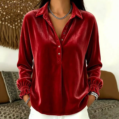 Velvet Collared Half Placket Gathered Cuff Long Sleeve Blouse