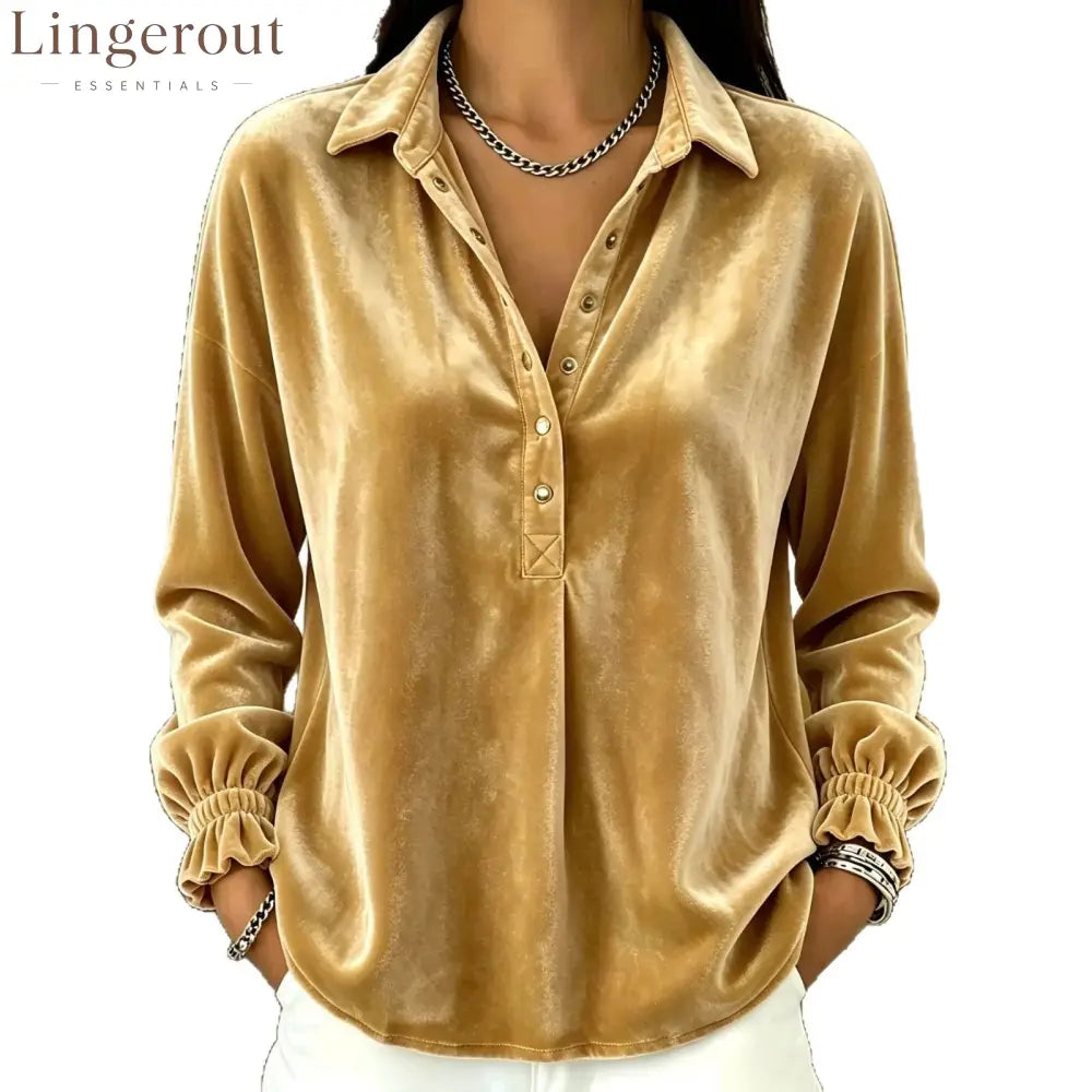 Velvet Collared Half Placket Gathered Cuff Long Sleeve Blouse