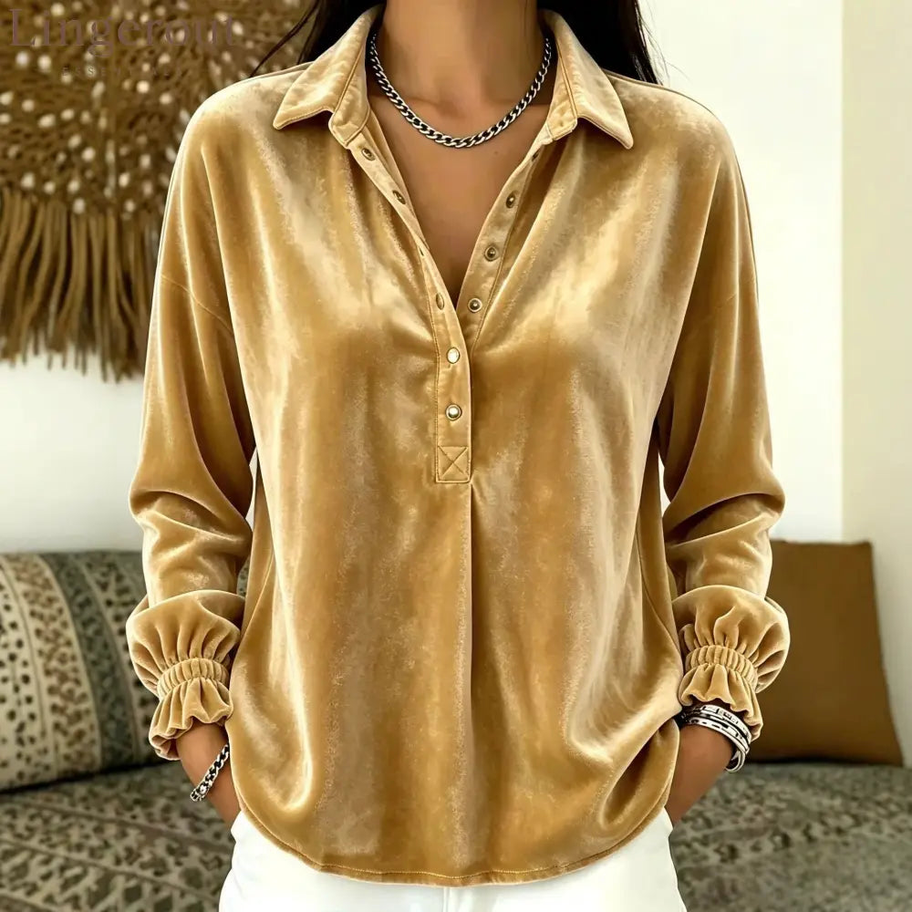 Velvet Collared Half Placket Gathered Cuff Long Sleeve Blouse - Gold / S