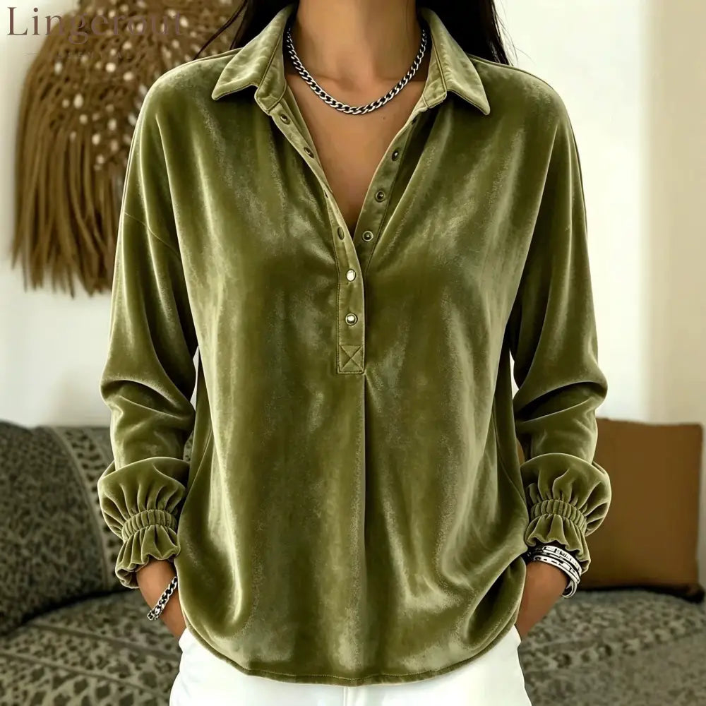 Velvet Collared Half Placket Gathered Cuff Long Sleeve Blouse - Olive / S