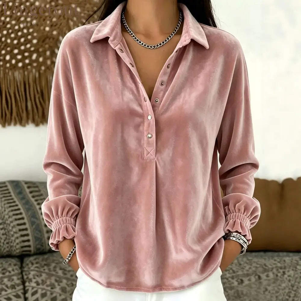 Velvet Collared Half Placket Gathered Cuff Long Sleeve Blouse - Pink / S