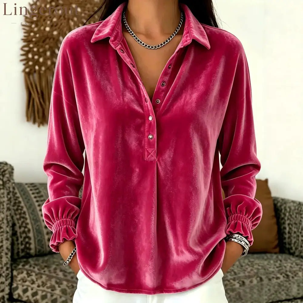 Velvet Collared Half Placket Gathered Cuff Long Sleeve Blouse - Rose red / S