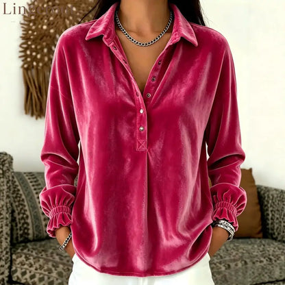 Velvet Collared Half Placket Gathered Cuff Long Sleeve Blouse - Rose red / S