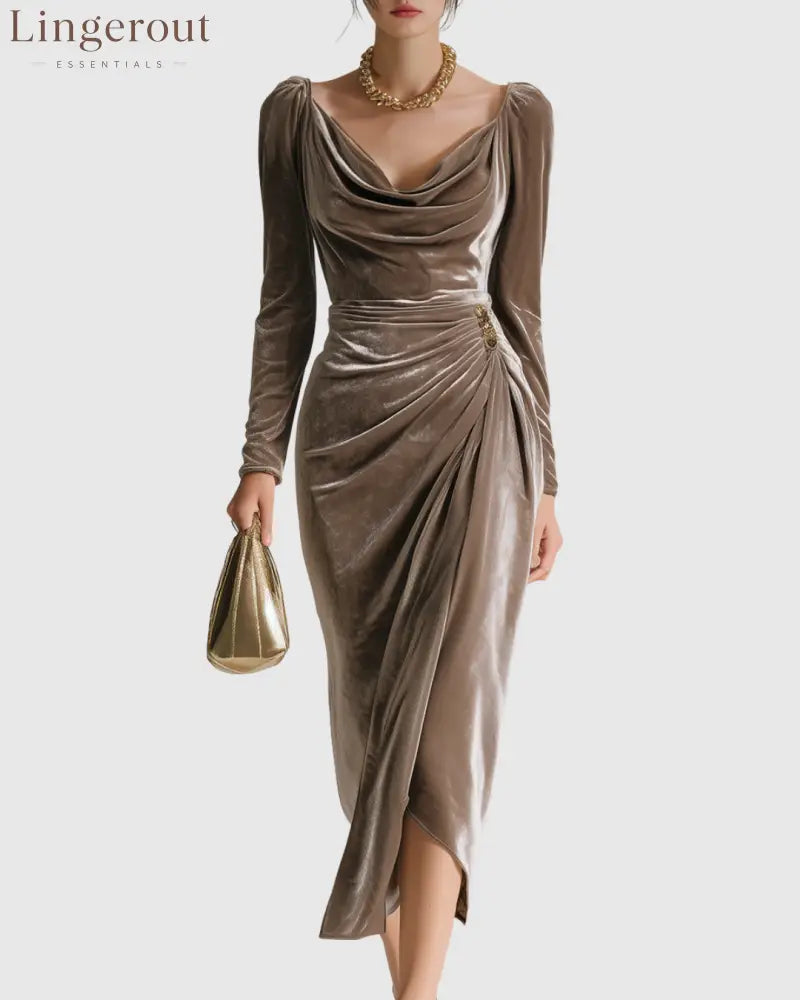 Velvet Draped Pleated Midi Dress - Brown / S