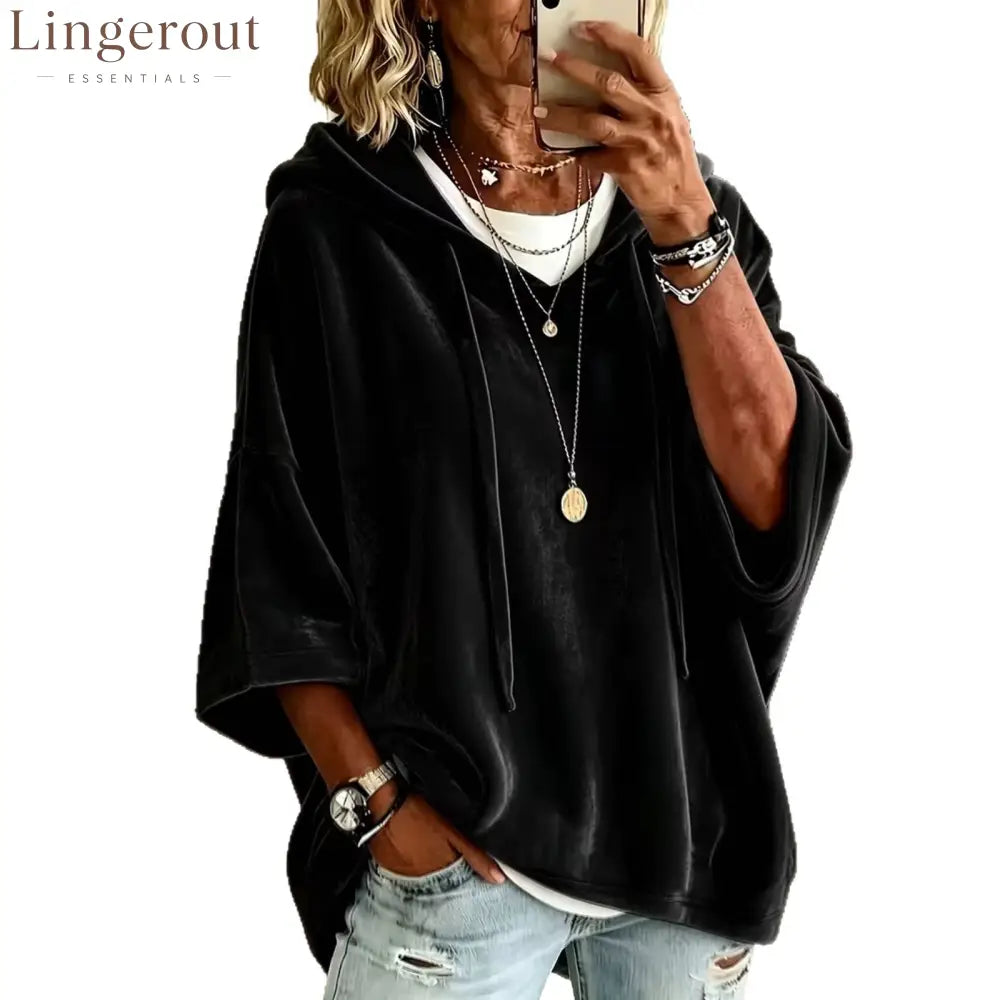 Velvet Drawstring Hooded Three-Quarter Sleeve Top