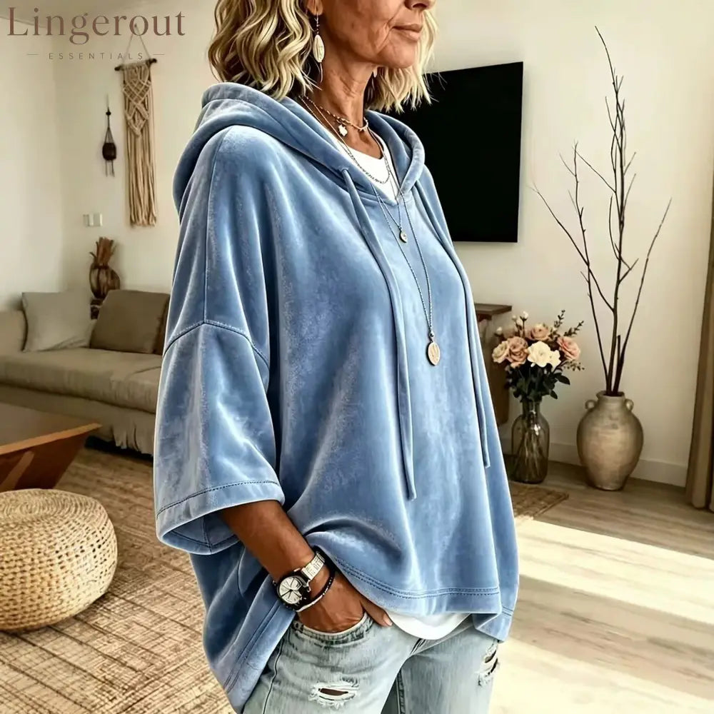 Velvet Drawstring Hooded Three-Quarter Sleeve Top