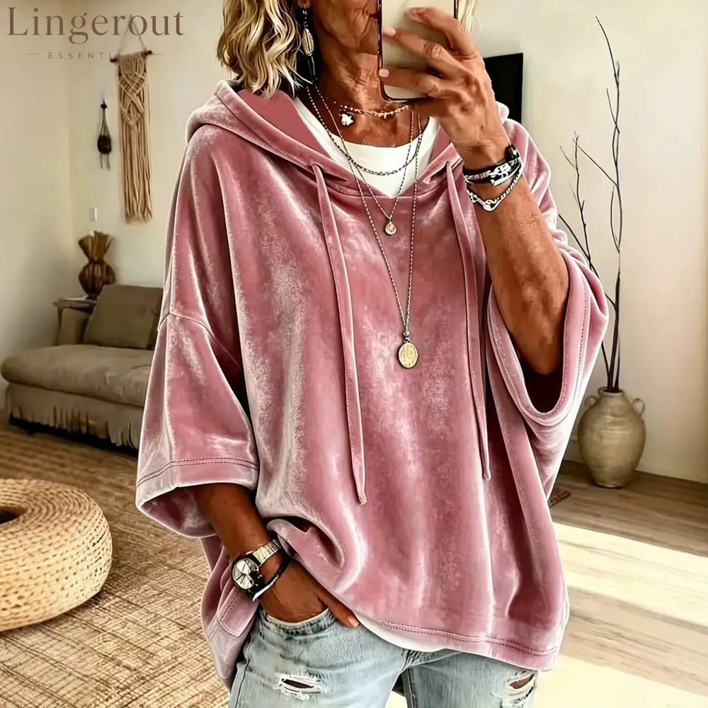 Velvet Drawstring Hooded Three-Quarter Sleeve Top
