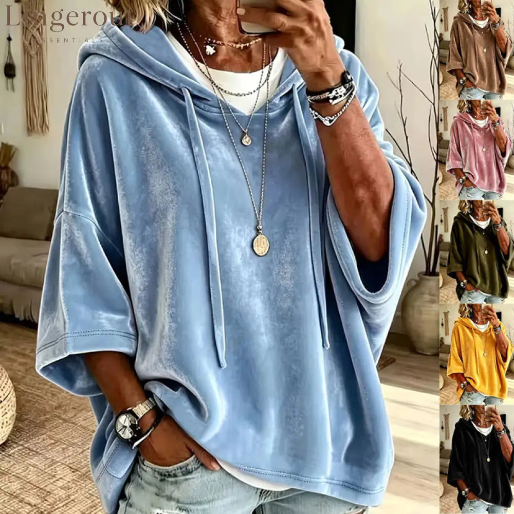 Velvet Drawstring Hooded Three-Quarter Sleeve Top