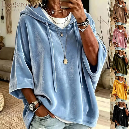Velvet Drawstring Hooded Three-Quarter Sleeve Top
