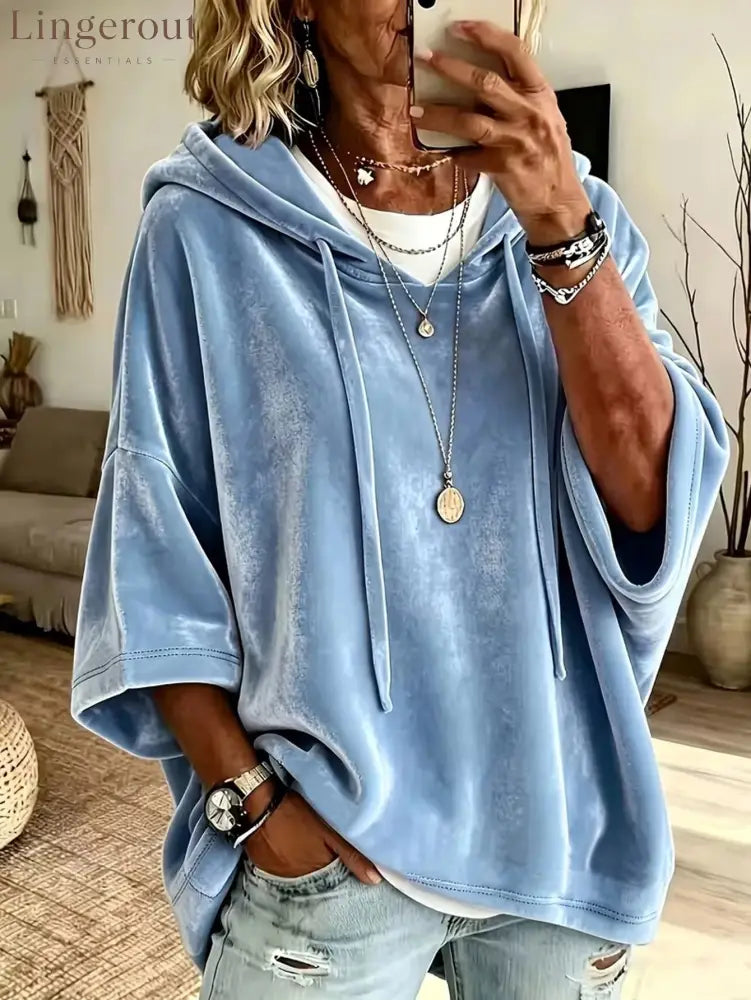 Velvet Drawstring Hooded Three-Quarter Sleeve Top - Blue / S