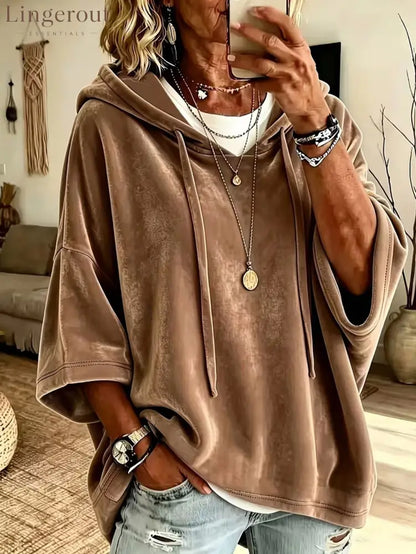 Velvet Drawstring Hooded Three-Quarter Sleeve Top - Khaki / S