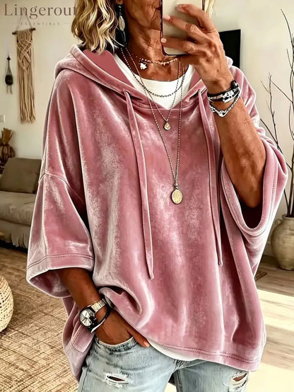 Velvet Drawstring Hooded Three-Quarter Sleeve Top - Pink / S