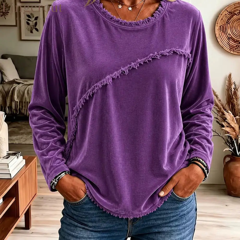 Velvet Fringe Trim Long‑Sleeve Top