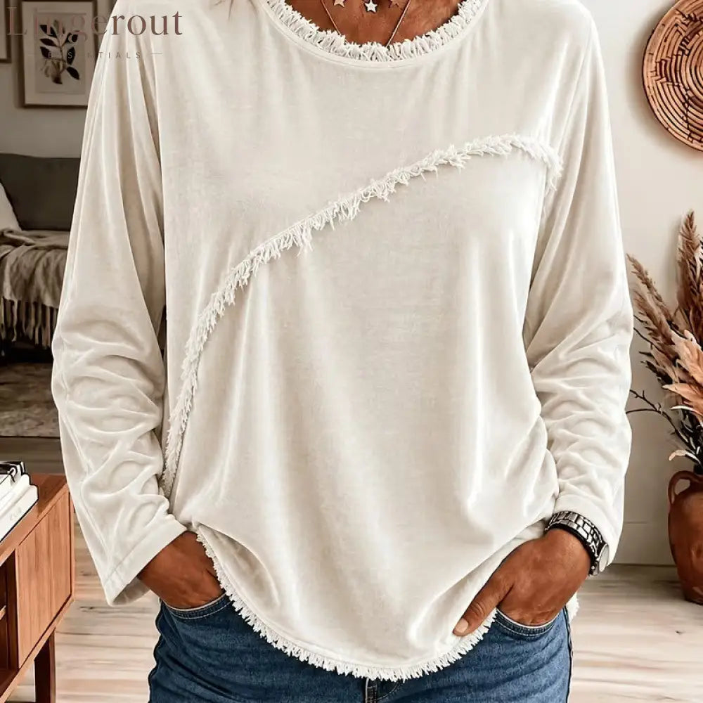 Velvet Fringe Trim Long‑Sleeve Top