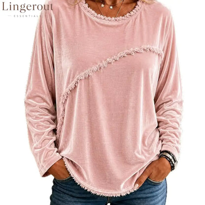 Velvet Fringe Trim Long‑Sleeve Top