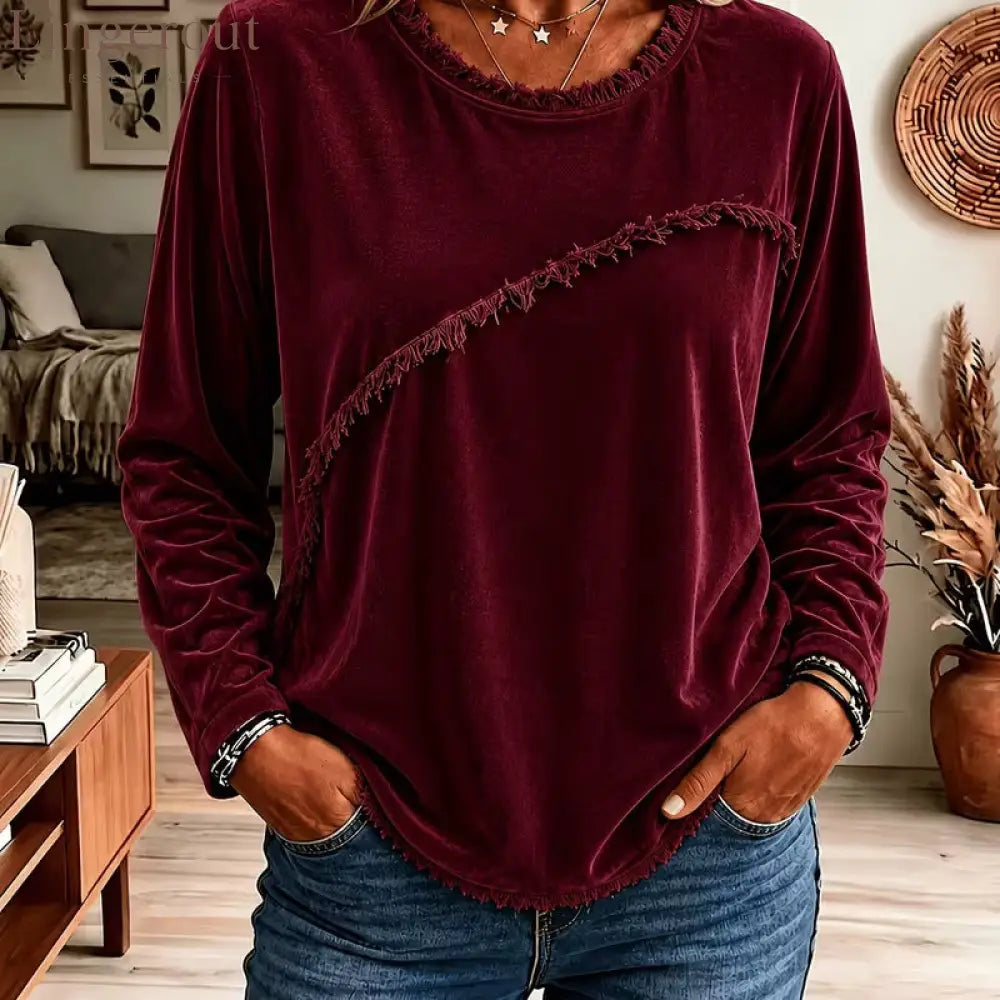 Velvet Fringe Trim Long‑Sleeve Top - Claret / S
