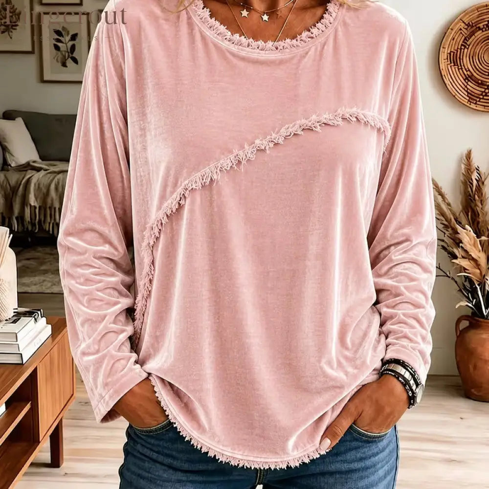 Velvet Fringe Trim Long‑Sleeve Top - Pink / S