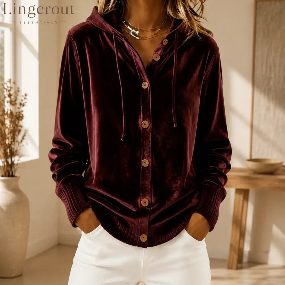 Velvet Hooded Button Front Rib Cuff Cardigan