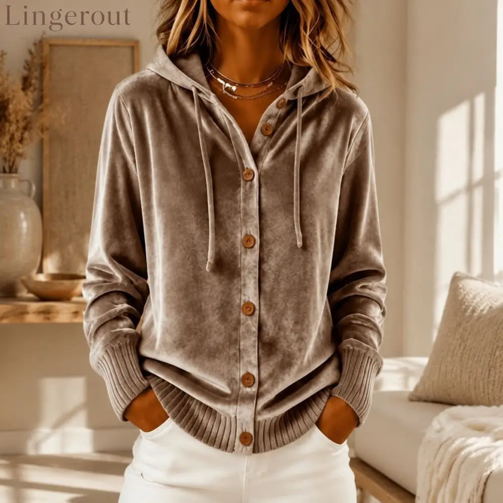 Velvet Hooded Button Front Rib Cuff Cardigan