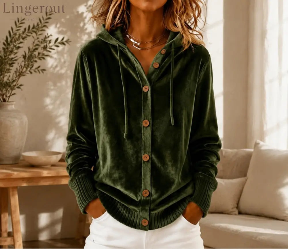 Velvet Hooded Button Front Rib Cuff Cardigan - Green / S