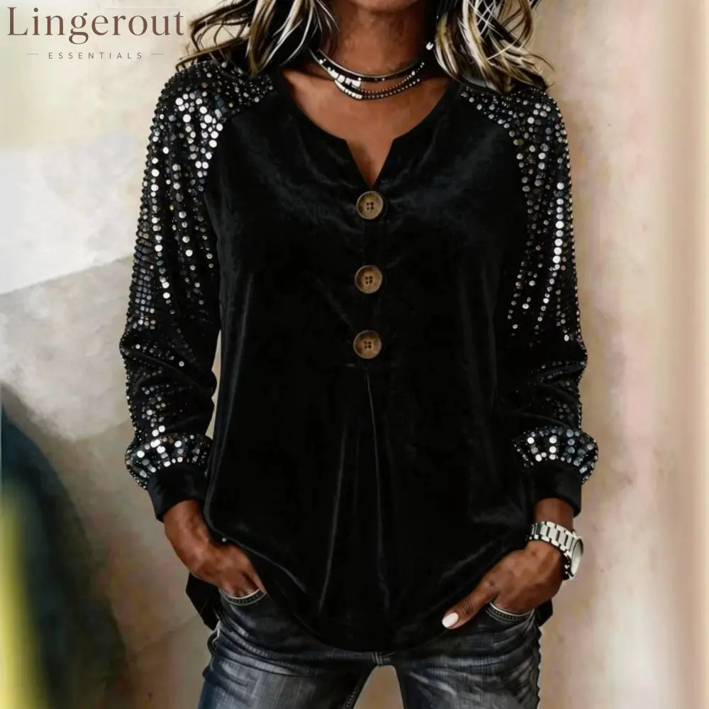 Velvet Sequin Sleeve Button-Down Top - Black / S
