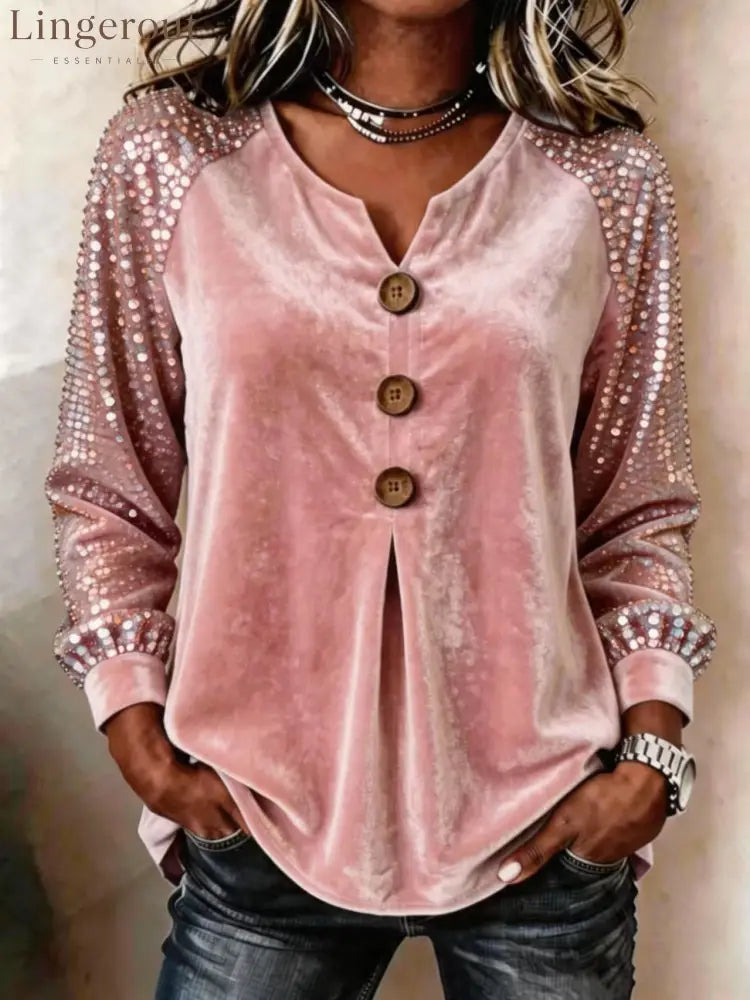 Velvet Sequin Sleeve Button-Down Top - Pink / S
