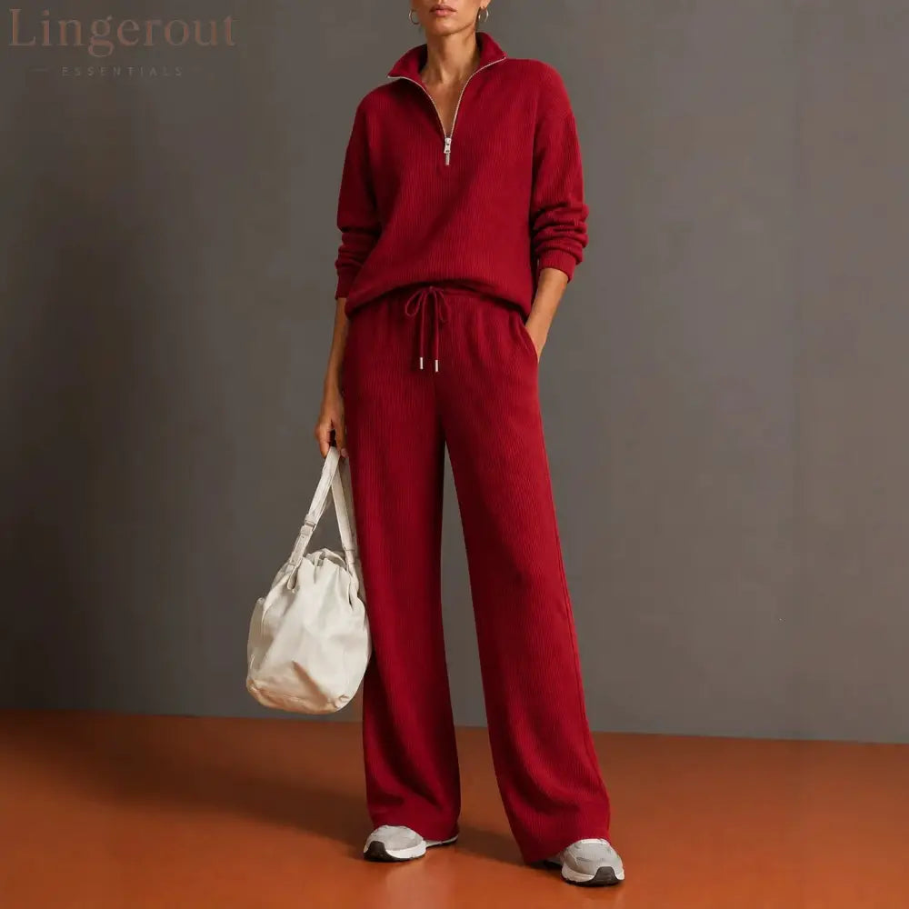 Vertical Rib Half Zip Stand Collar Two Piece Loungewear Set