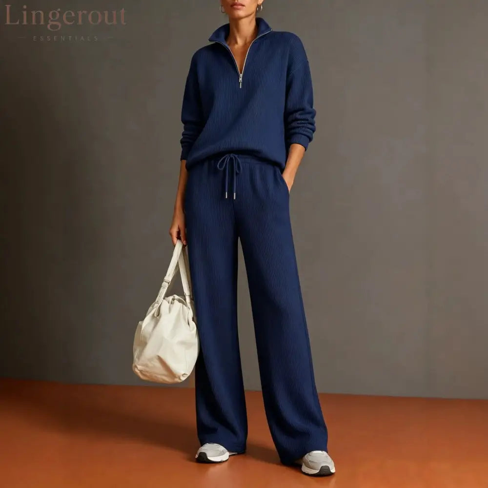 Vertical Rib Half Zip Stand Collar Two Piece Loungewear Set