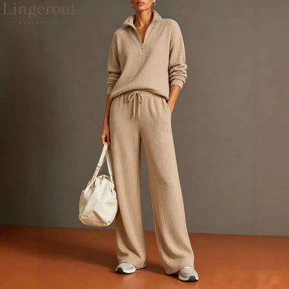 Vertical Rib Half Zip Stand Collar Two Piece Loungewear Set