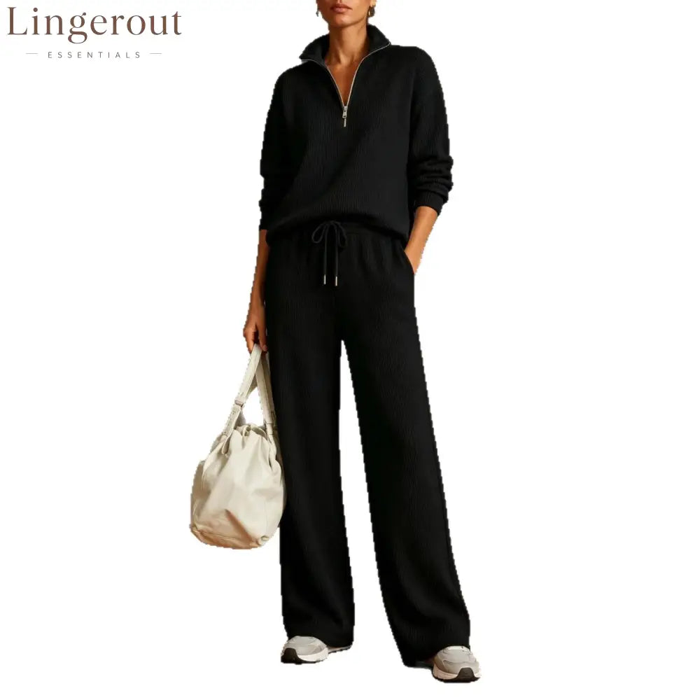 Vertical Rib Half Zip Stand Collar Two Piece Loungewear Set