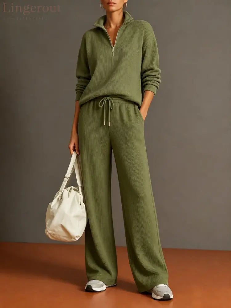Vertical Rib Half Zip Stand Collar Two Piece Loungewear Set - Army green / S