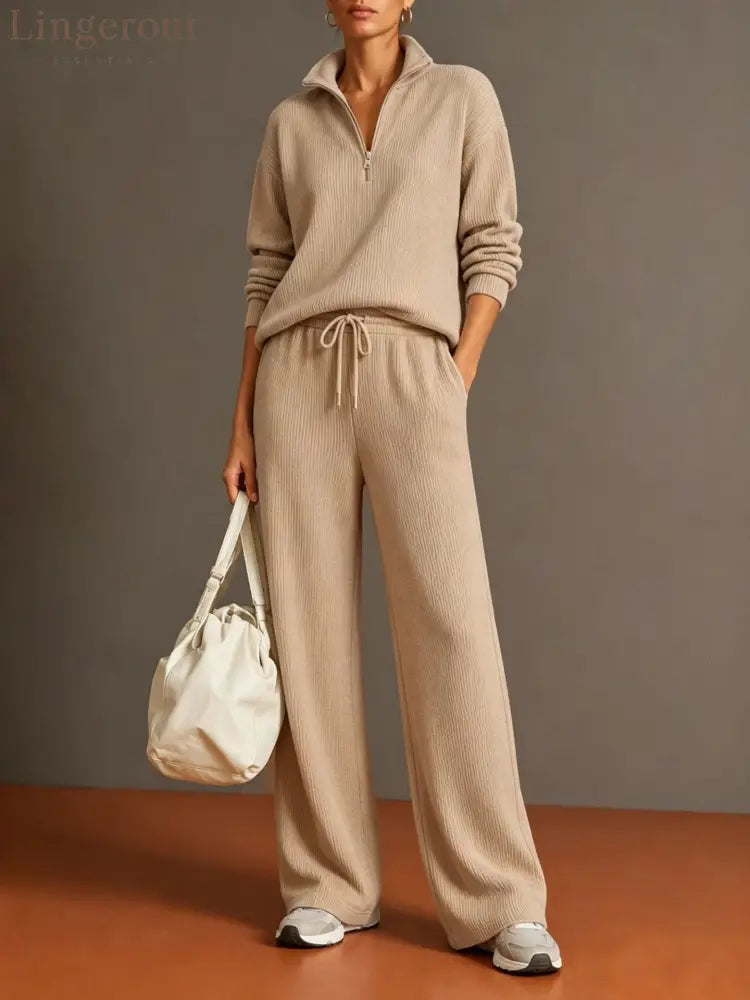 Vertical Rib Half Zip Stand Collar Two Piece Loungewear Set - Khaki / S