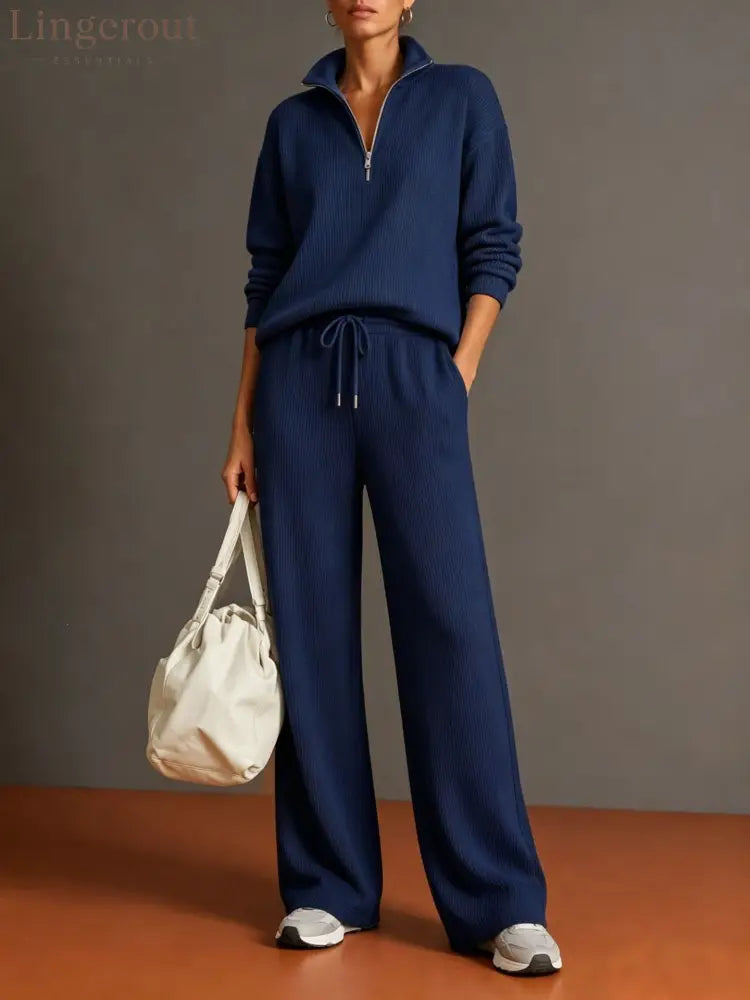 Vertical Rib Half Zip Stand Collar Two Piece Loungewear Set - Navy blue / S