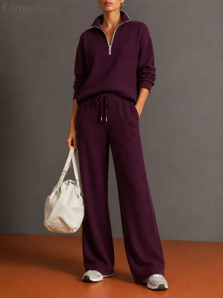Vertical Rib Half Zip Stand Collar Two Piece Loungewear Set - Purple / S