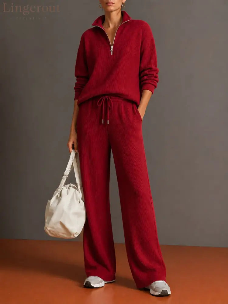 Vertical Rib Half Zip Stand Collar Two Piece Loungewear Set - Red / S