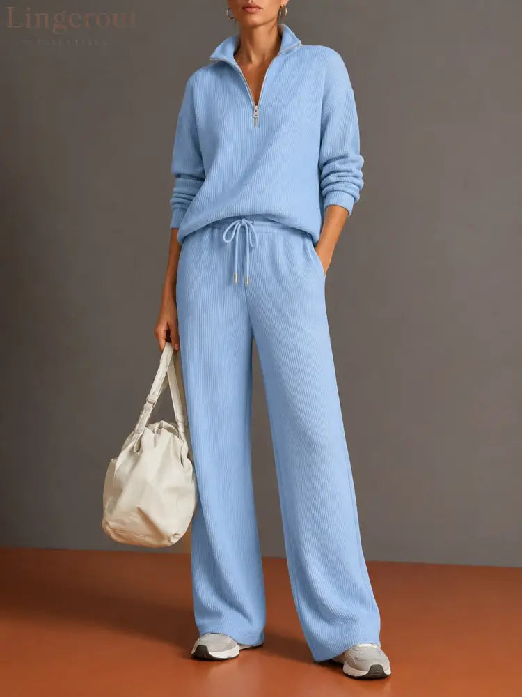 Vertical Rib Half Zip Stand Collar Two Piece Loungewear Set - Sky blue / S