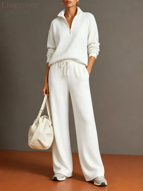 Vertical Rib Half Zip Stand Collar Two Piece Loungewear Set - White / S