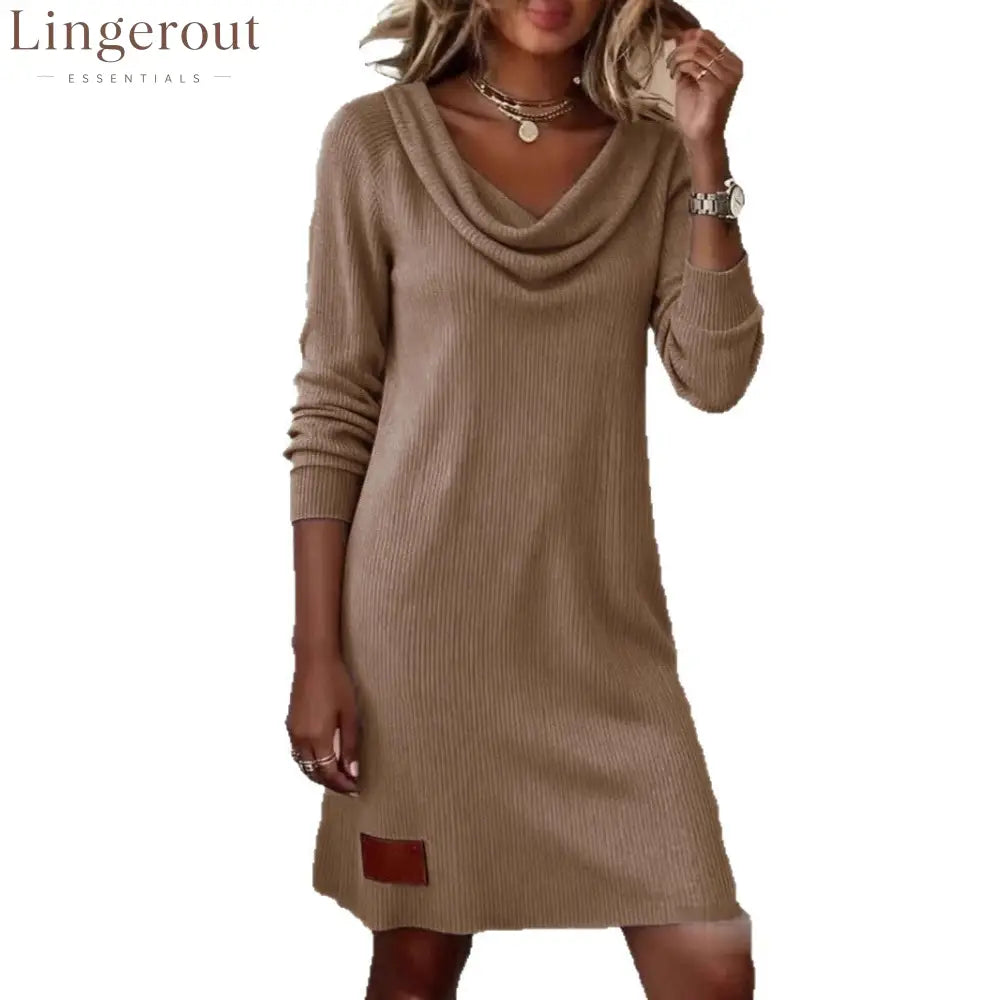 Vertical Rib Knit Cowl Neck Long Sleeve Mini Sweater Dress