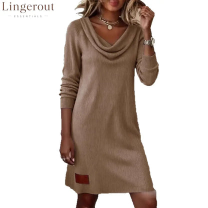 Vertical Rib Knit Cowl Neck Long Sleeve Mini Sweater Dress