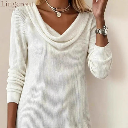Vertical Rib Knit Cowl Neck Long Sleeve Mini Sweater Dress