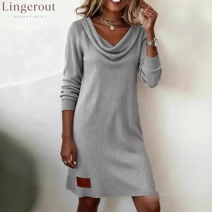 Vertical Rib Knit Cowl Neck Long Sleeve Mini Sweater Dress - Grey / S