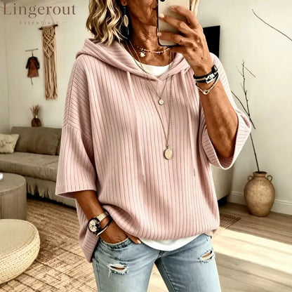 Vertical Rib Knit Drawstring Hooded Elbow Sleeve Casual Knit Top