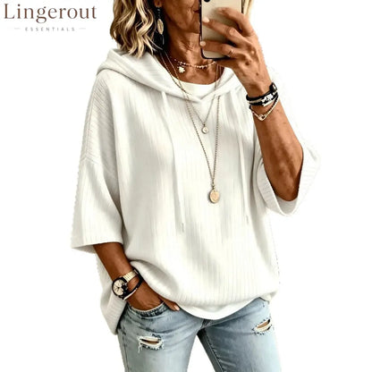 Vertical Rib Knit Drawstring Hooded Elbow Sleeve Casual Knit Top