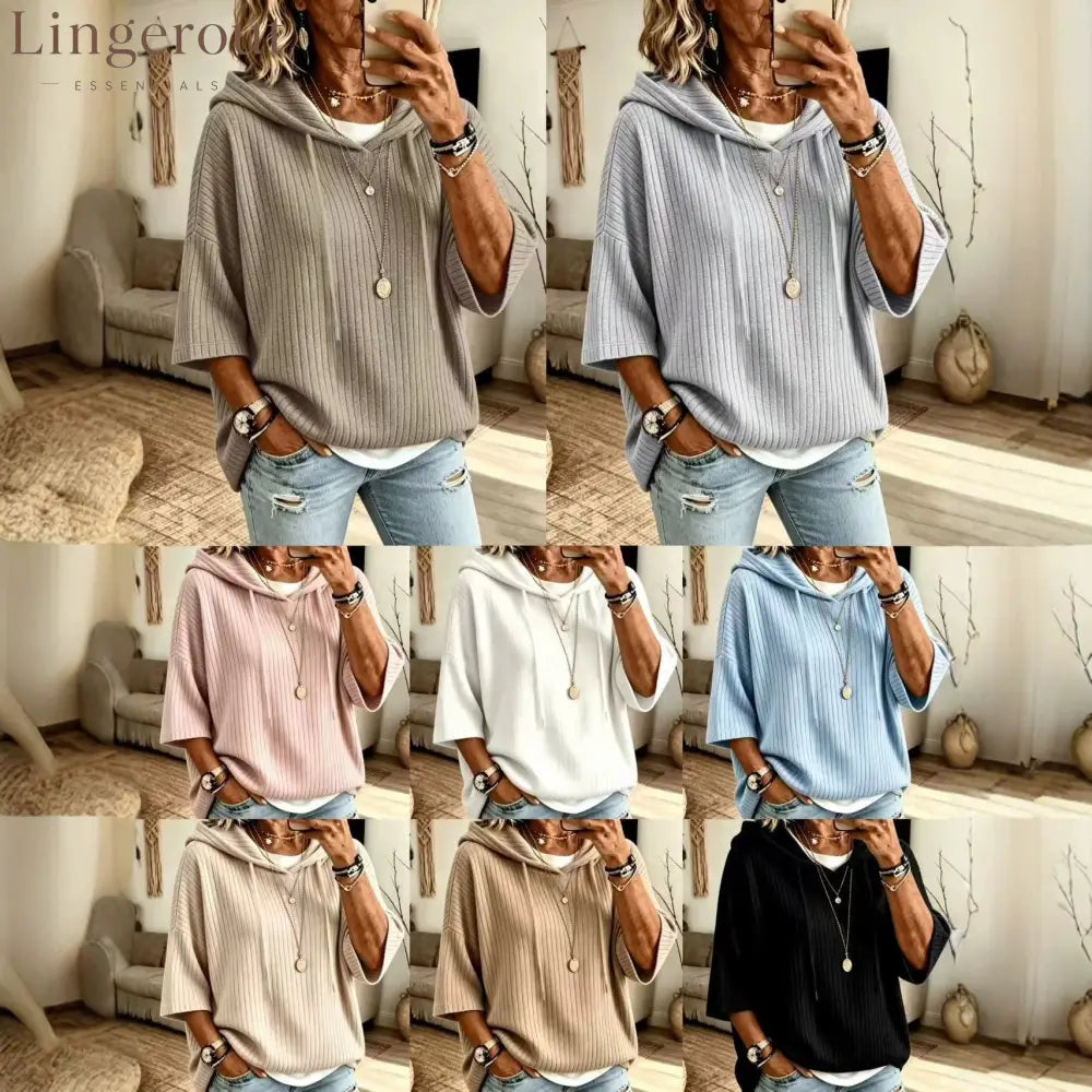 Vertical Rib Knit Drawstring Hooded Elbow Sleeve Casual Knit Top