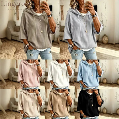 Vertical Rib Knit Drawstring Hooded Elbow Sleeve Casual Knit Top