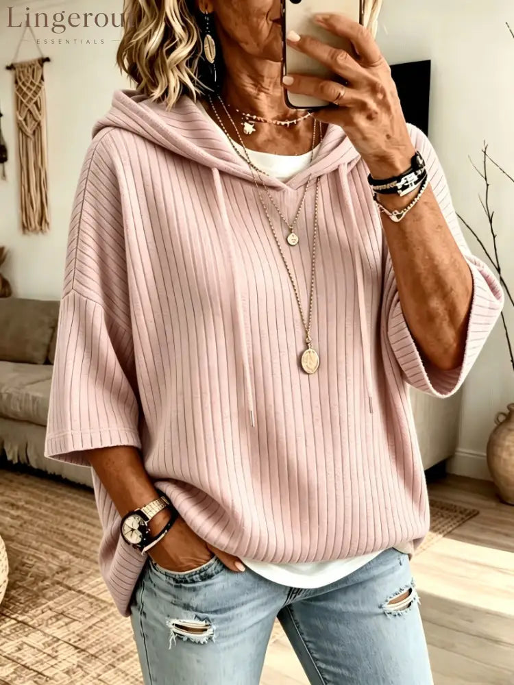 Vertical Rib Knit Drawstring Hooded Elbow Sleeve Casual Knit Top - Pink / S