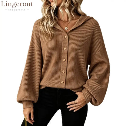 Vertical Rib Knit Hooded Button Down Balloon Sleeve Cardigan